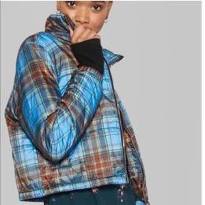 Women’s blue plaid puffer jacket